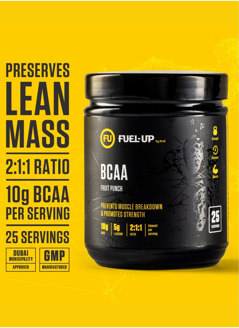 Fuel Up by Kcal BCAA Fruit Punch Flavour - 13g Per Serving (10g BCAA) - 25 Servings Total - 2:1:1 Ratio for Recovery - Pre-, Intra-, and Post-Workout Supplement