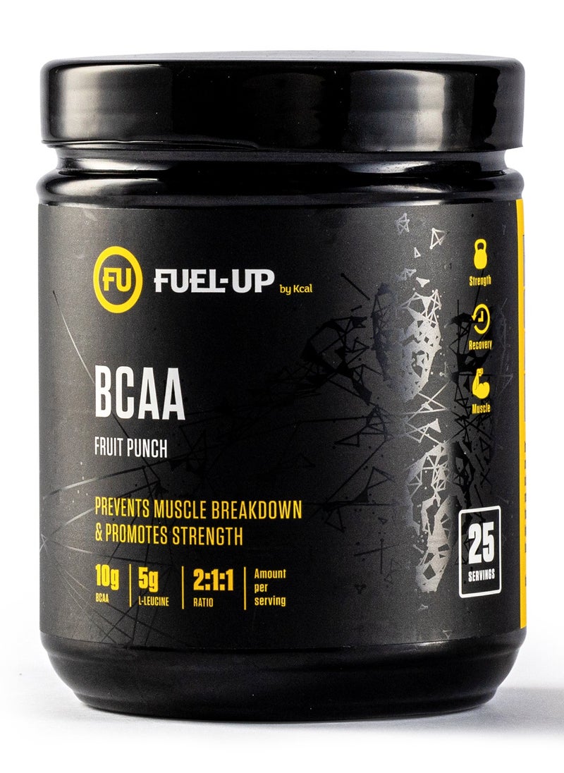 Fuel Up by Kcal BCAA Fruit Punch Flavour - 13g Per Serving (10g BCAA) - 25 Servings Total - 2:1:1 Ratio for Recovery - Pre-, Intra-, and Post-Workout Supplement