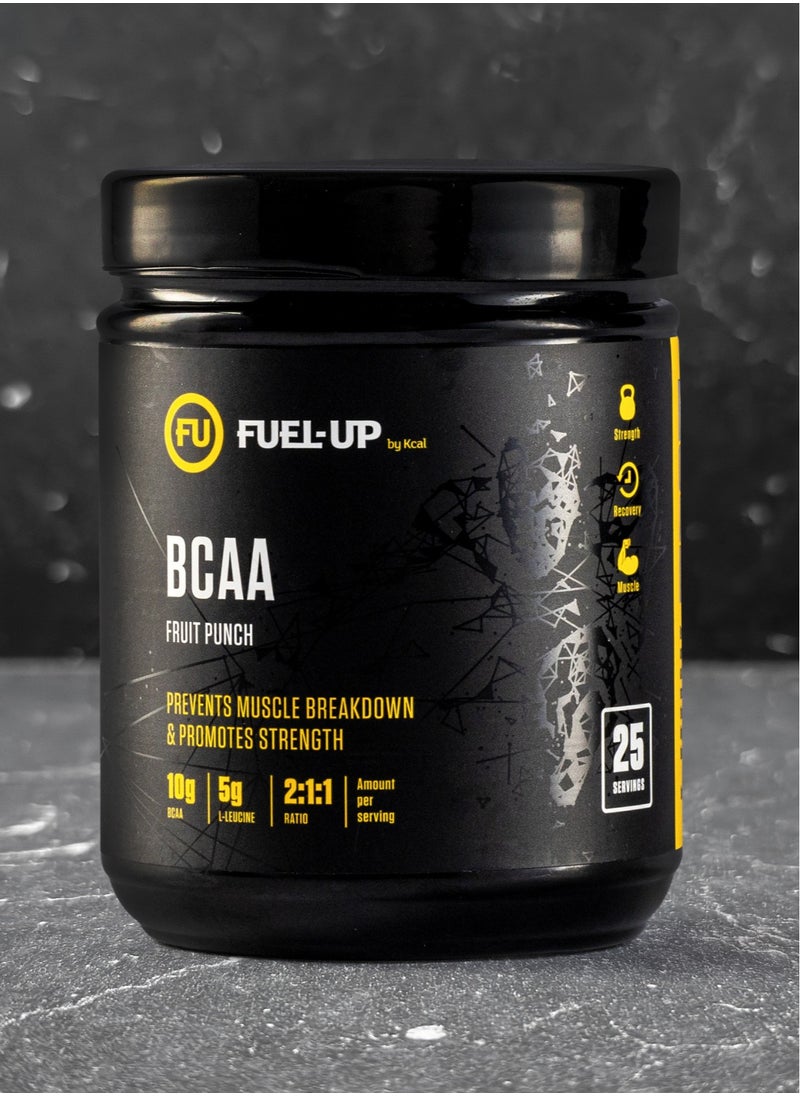 Fuel Up by Kcal BCAA Fruit Punch Flavour - 13g Per Serving (10g BCAA) - 25 Servings Total - 2:1:1 Ratio for Recovery - Pre-, Intra-, and Post-Workout Supplement