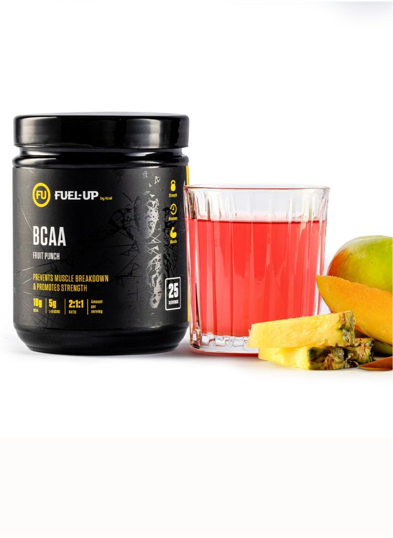 Fuel Up by Kcal BCAA Fruit Punch Flavour - 13g Per Serving (10g BCAA) - 25 Servings Total - 2:1:1 Ratio for Recovery - Pre-, Intra-, and Post-Workout Supplement