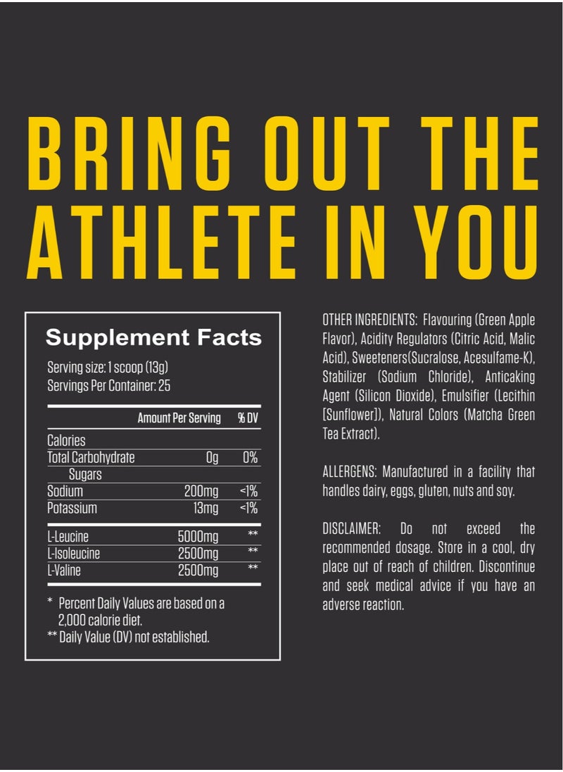 Fuel Up by Kcal BCAA Green Apple Flavour - 13g Per Serving (10g BCAA) - 25 Servings Total - 2:1:1 Ratio for Muscle Growth - Pre, Intra, and Post-Workout Supplement
