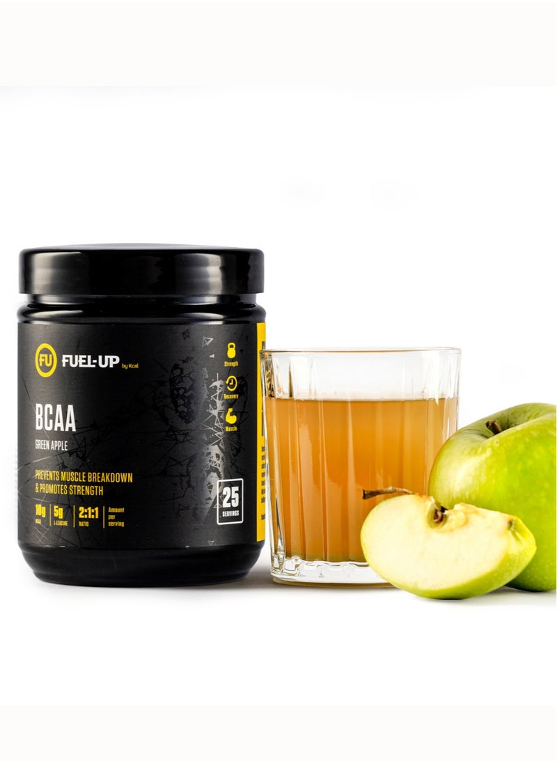 Fuel Up by Kcal BCAA Green Apple Flavour - 13g Per Serving (10g BCAA) - 25 Servings Total - 2:1:1 Ratio for Muscle Growth - Pre, Intra, and Post-Workout Supplement