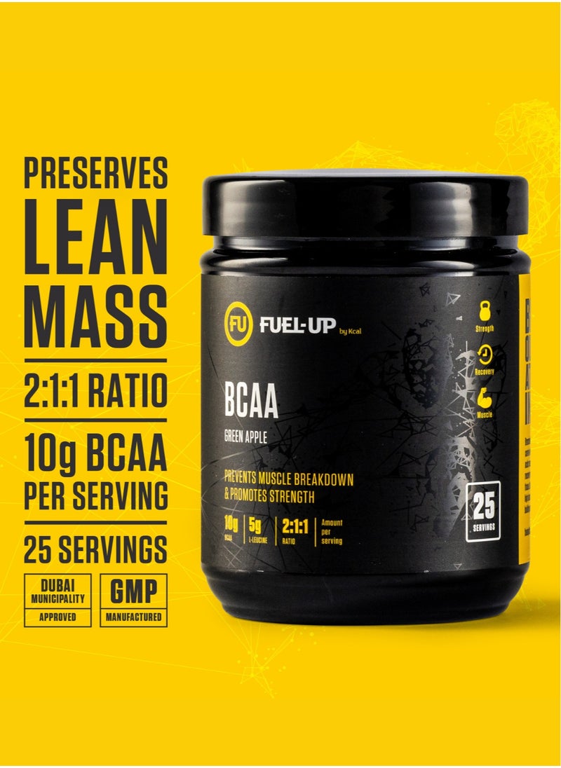 Fuel Up by Kcal BCAA Green Apple Flavour - 13g Per Serving (10g BCAA) - 25 Servings Total - 2:1:1 Ratio for Muscle Growth - Pre, Intra, and Post-Workout Supplement