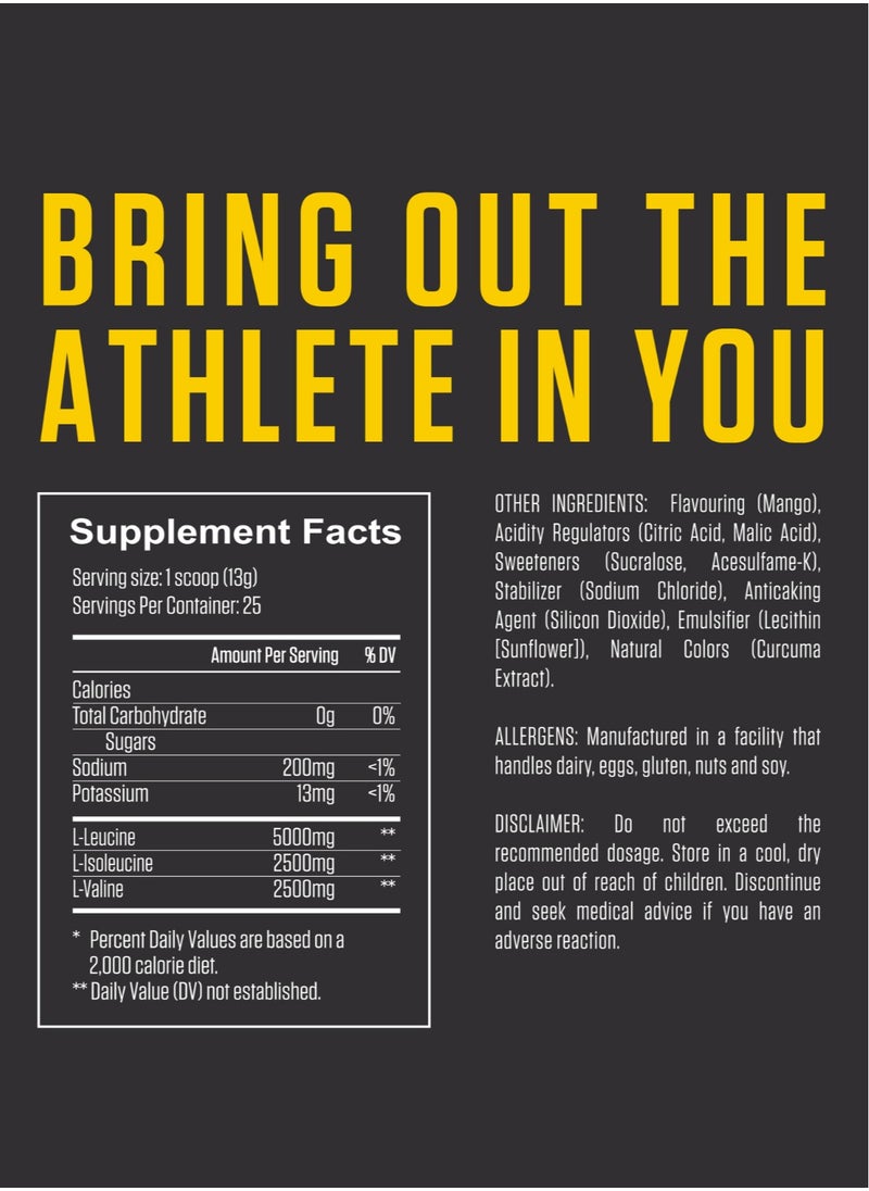 Fuel Up by Kcal BCAA Mango Flavour - 13g Per Serving (10g BCAA) - 25 Servings Total - 2:1:1 Ratio for Muscle Recovery - Pre, Intra, and Post-Workout Supplement