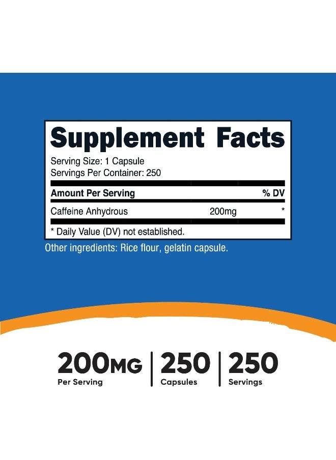Natural Caffeine 200mg, 250 Veggie Capsules - Gluten Free, Non-GMO