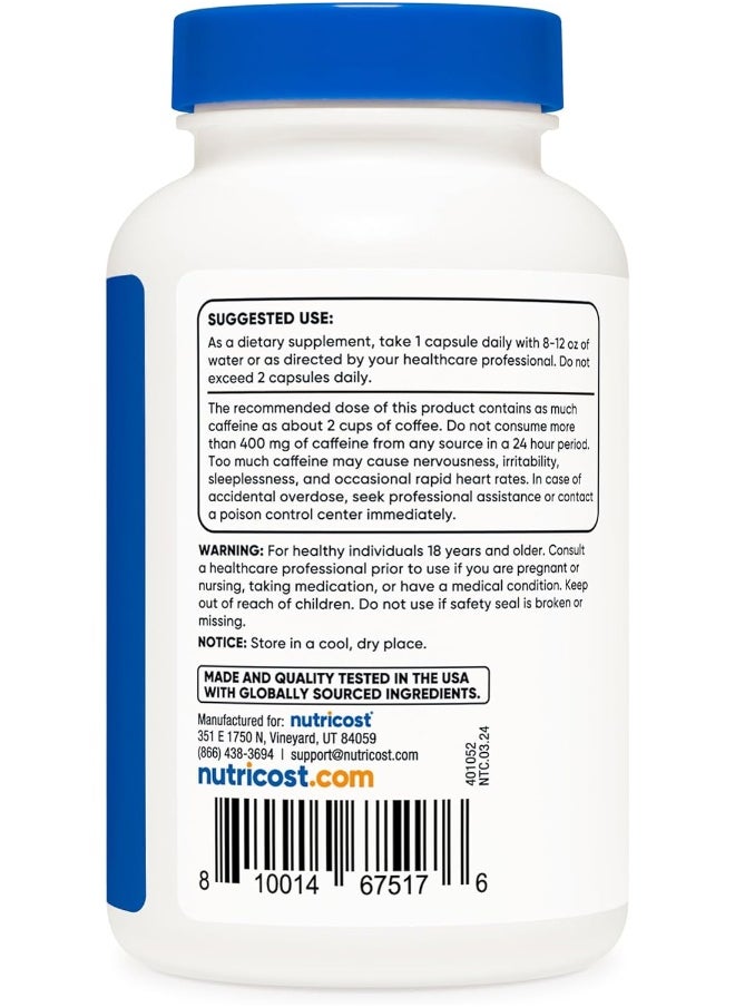 Natural Caffeine 200mg, 250 Veggie Capsules - Gluten Free, Non-GMO