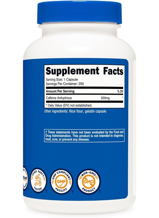 Natural Caffeine 200mg, 250 Veggie Capsules - Gluten Free, Non-GMO