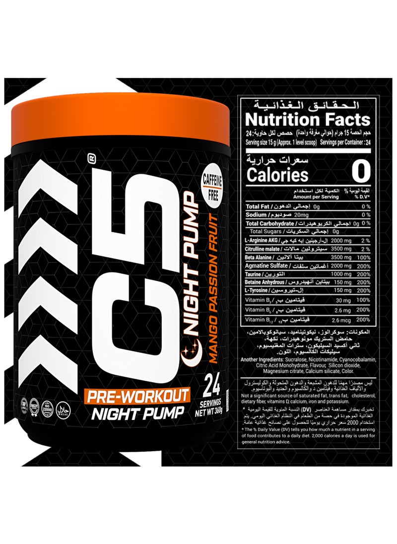 C5 Night Pre Workout Powder Mango Passion Fruit- 24 Servings, Free Caffeine - Sugar Free-Zero Calories-Beta Alanine-Citrulline Malate, High-Performance PreWorkout Booster Supplement