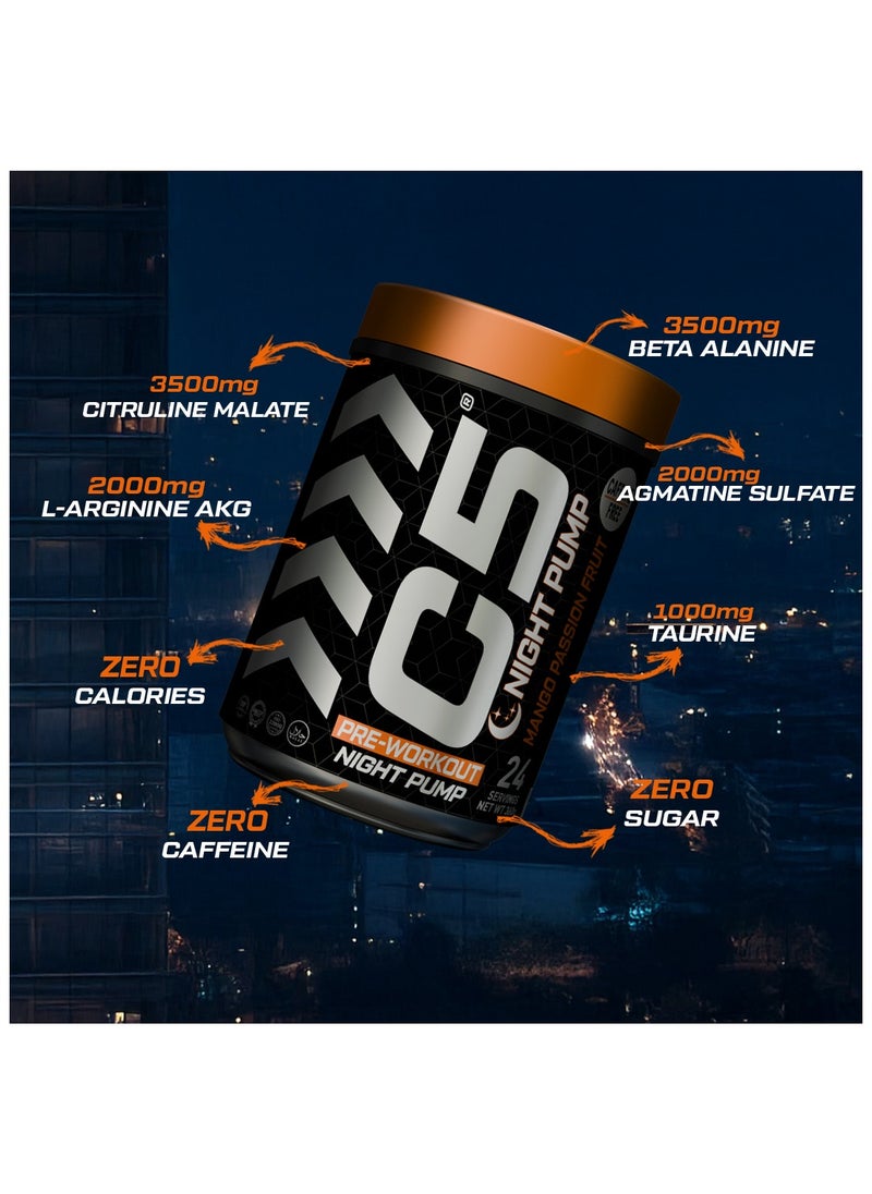 C5 Night Pre Workout Powder Mango Passion Fruit- 24 Servings, Free Caffeine - Sugar Free-Zero Calories-Beta Alanine-Citrulline Malate, High-Performance PreWorkout Booster Supplement