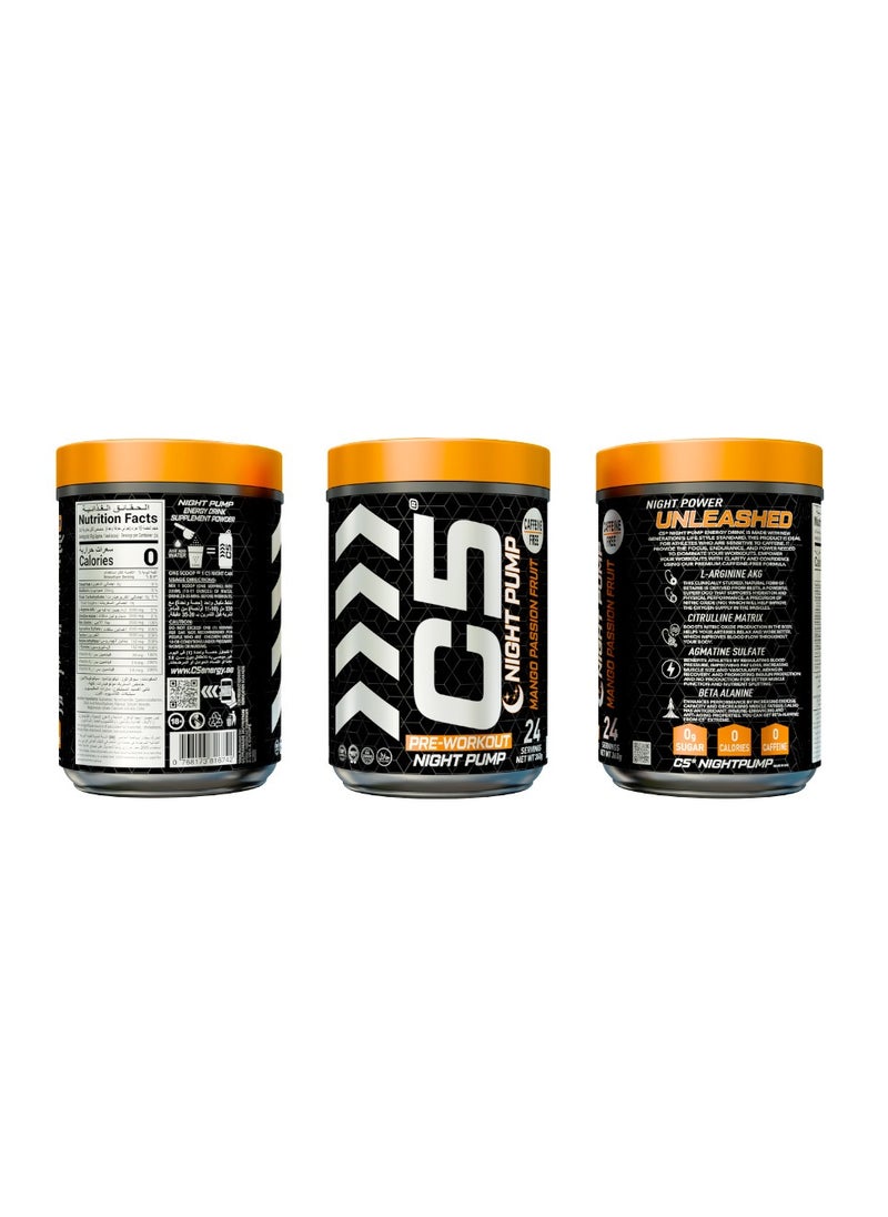 C5 Night Pre Workout Powder Mango Passion Fruit- 24 Servings, Free Caffeine - Sugar Free-Zero Calories-Beta Alanine-Citrulline Malate, High-Performance PreWorkout Booster Supplement