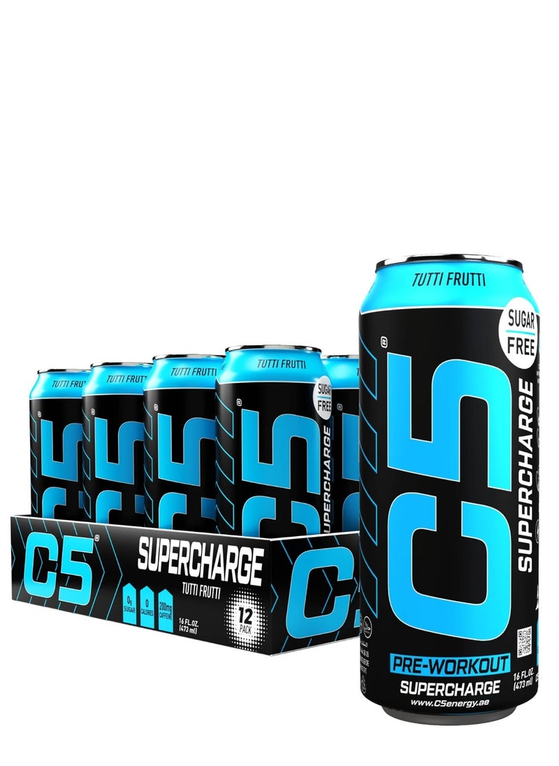 C5 Energy Drink Supercharge, Tutti Frutti Pre-Workout, 150mg Caffeine, Sugar Free, Zero Calories, with Beta Alanine, L-Arginine, 473ml