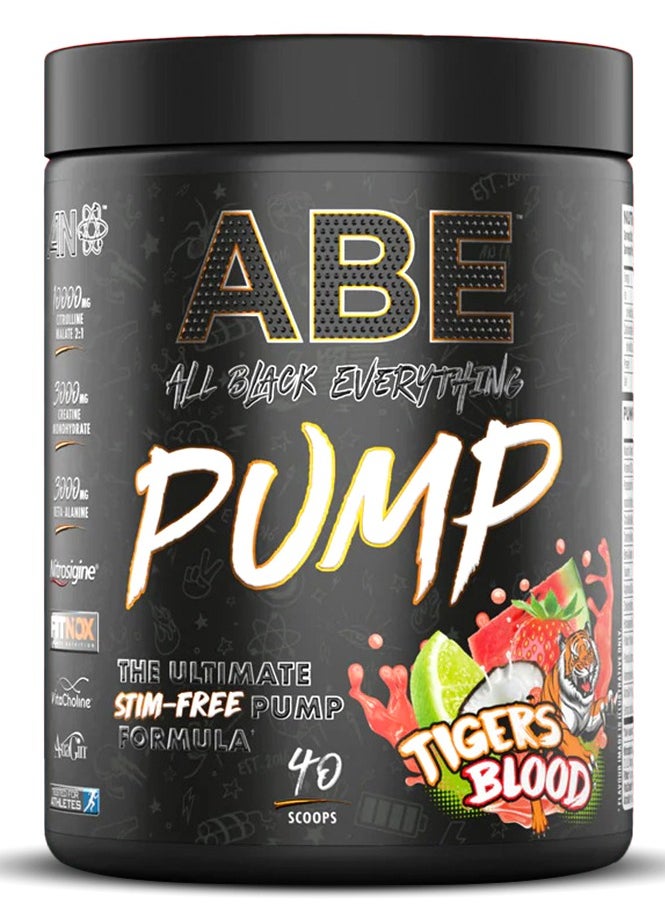 ABE Pump Stim-Free – 500 Grams, 40 Servings (Tigers Blood) for Explosive Muscle Pumps, Focus & Endurance