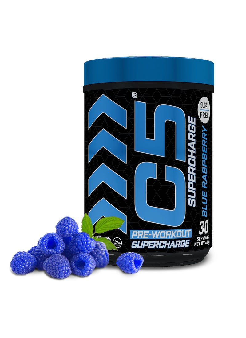 C5 Supercharge Pre Workout Powder Blue Raspberry - 30 Servings, 200mg High Caffeine- Sugar Free-Zero Calories-Beta Alanine-Citrulline Malate, High-Performance PreWorkout Booster Supplement