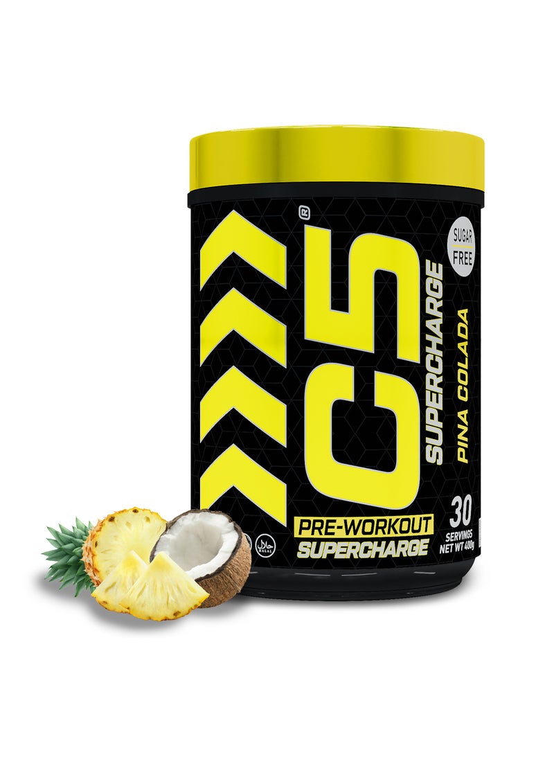 C5 Supercharge Pre Workout Powder Pina Colada  - 30 Servings, 200mg High Caffeine- Sugar Free-Zero Calories-Beta Alanine-Citrulline Malate, High-Performance PreWorkout Booster Supplement