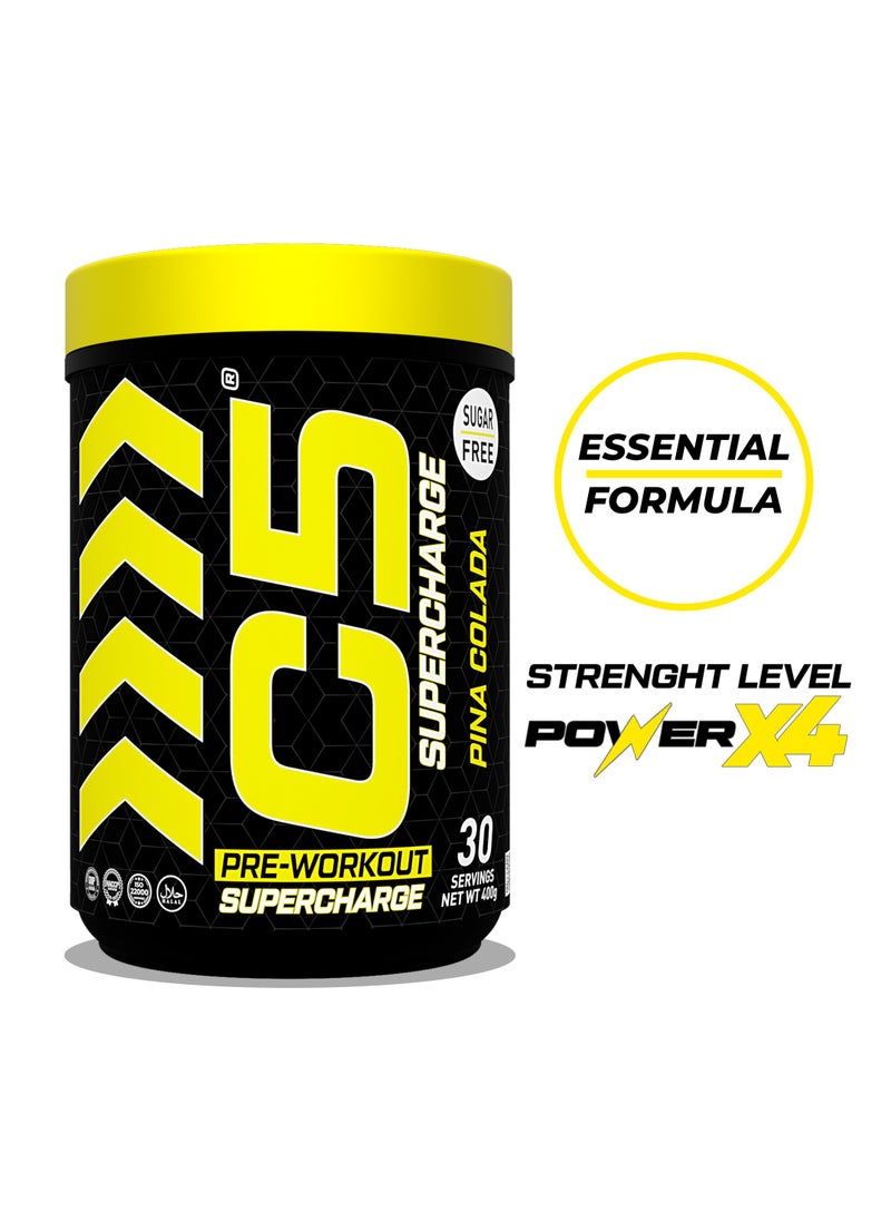 C5 Supercharge Pre Workout Powder Pina Colada - 30 Servings, 200mg High Caffeine - Sugar Free -Zero Calories - Beta Alanine - Citrulline Malate, Creatine HCL High-Performance PreWorkout Booster Supplement