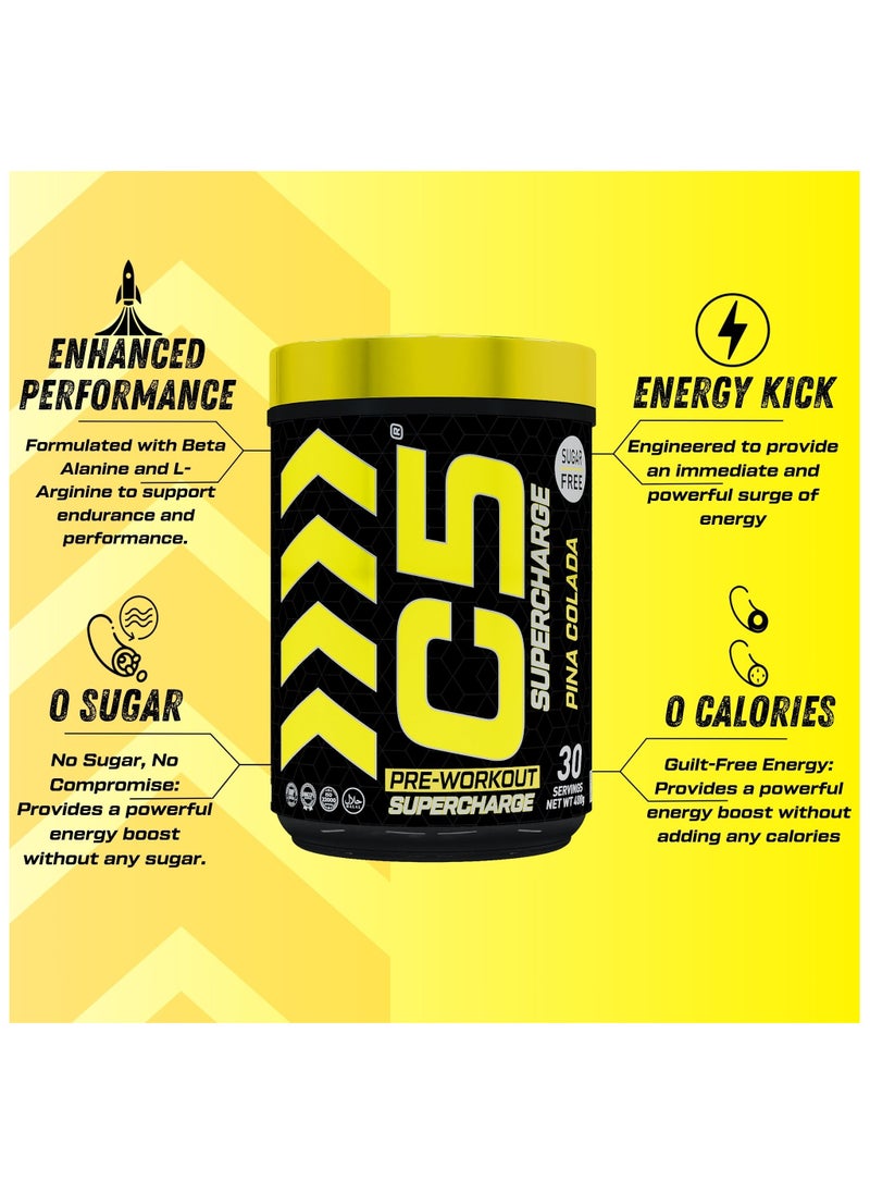 C5 Supercharge Pre Workout Powder Pina Colada - 30 Servings, 200mg High Caffeine - Sugar Free -Zero Calories - Beta Alanine - Citrulline Malate, Creatine HCL High-Performance PreWorkout Booster Supplement