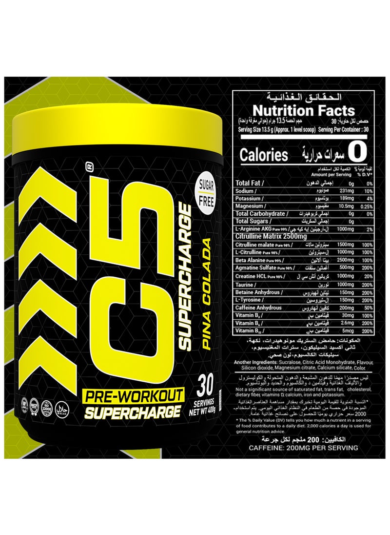 C5 Supercharge Pre Workout Powder Pina Colada - 30 Servings, 200mg High Caffeine - Sugar Free -Zero Calories - Beta Alanine - Citrulline Malate, Creatine HCL High-Performance PreWorkout Booster Supplement