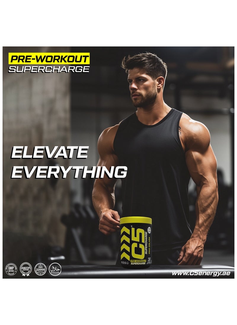 C5 Supercharge Pre Workout Powder Pina Colada - 30 Servings, 200mg High Caffeine - Sugar Free -Zero Calories - Beta Alanine - Citrulline Malate, Creatine HCL High-Performance PreWorkout Booster Supplement