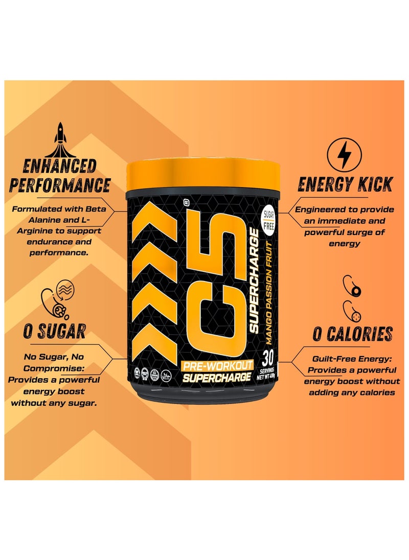 C5 Supercharge Pre Workout Powder Mango Passion Fruit - 30 Servings, 200mg High Caffeine - Sugar Free -Zero Calories - Beta Alanine - Citrulline Malate, Creatine HCL High-Performance PreWorkout Booster Supplement