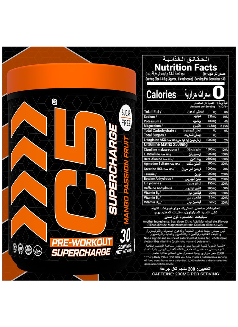 C5 Supercharge Pre Workout Powder Mango Passion Fruit - 30 Servings, 200mg High Caffeine - Sugar Free -Zero Calories - Beta Alanine - Citrulline Malate, Creatine HCL High-Performance PreWorkout Booster Supplement