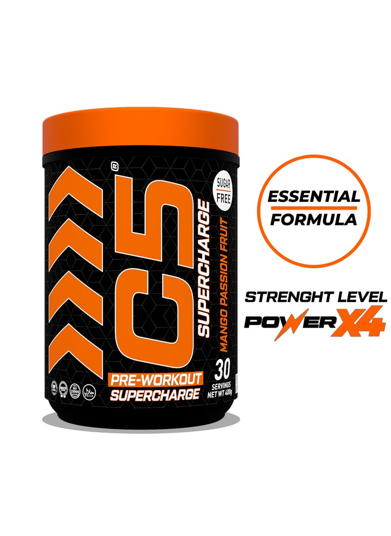 C5 Supercharge Pre Workout Powder Mango Passion Fruit - 30 Servings, 200mg High Caffeine - Sugar Free -Zero Calories - Beta Alanine - Citrulline Malate, Creatine HCL High-Performance PreWorkout Booster Supplement