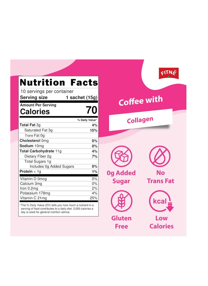 Instant 3 in 1 Coffee Packets Mix with Natural Hydrolyzed Collagen Vitamin C Smooth Blend Tasty Aromatic Sweetener 10 Sticks