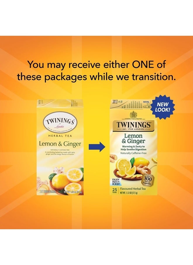 Lemon & Ginger Herbal Tea Individually Wrapped Bags, 25 Count (Pack of 6), Spicy Ginger, Lemon Peel, & Lemongrass, Naturally Caffeine-Free, Enjoy Hot or Iced | Packaging May Vary