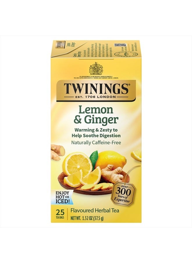 Lemon & Ginger Herbal Tea Individually Wrapped Bags, 25 Count (Pack of 6), Spicy Ginger, Lemon Peel, & Lemongrass, Naturally Caffeine-Free, Enjoy Hot or Iced | Packaging May Vary
