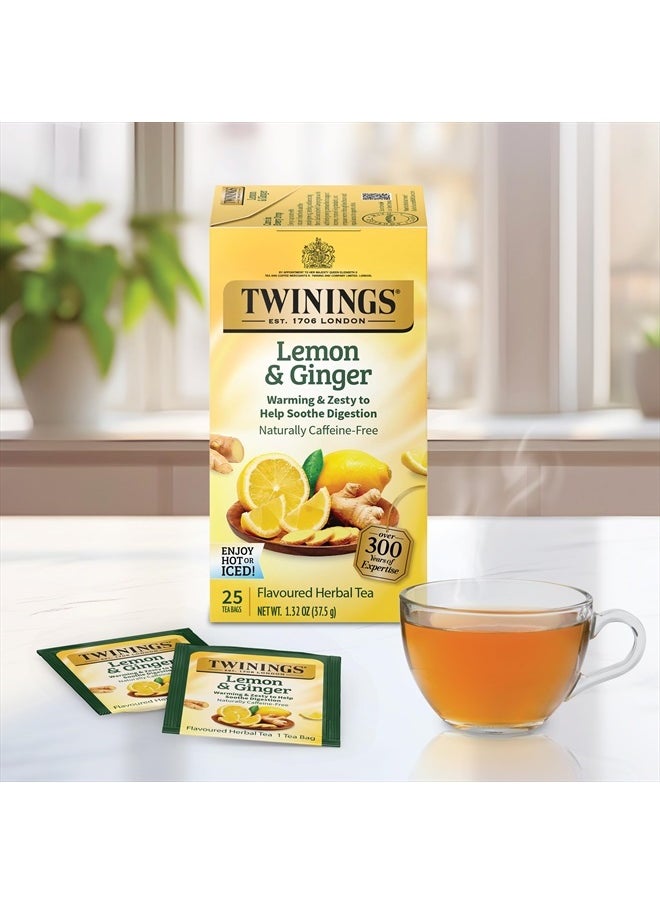 Lemon & Ginger Herbal Tea Individually Wrapped Bags, 25 Count (Pack of 6), Spicy Ginger, Lemon Peel, & Lemongrass, Naturally Caffeine-Free, Enjoy Hot or Iced | Packaging May Vary