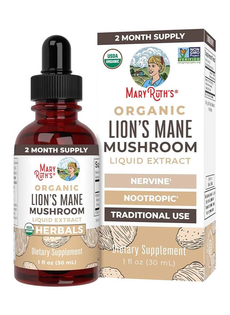 Lions Mane Mushroom Supplement, Nootropic USDA Organic Extract, Nervine Neuroprotective Herbal Liquid Drops, Non-GMO, Vegan, Alcohol Free Tincture, 1 Fl Oz