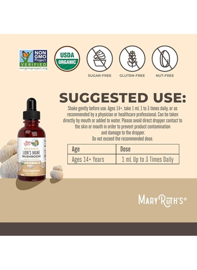 Lions Mane Mushroom Supplement, Nootropic USDA Organic Extract, Nervine Neuroprotective Herbal Liquid Drops, Non-GMO, Vegan, Alcohol Free Tincture, 1 Fl Oz