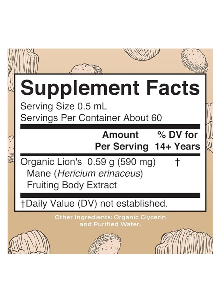 Lions Mane Mushroom Supplement, Nootropic USDA Organic Extract, Nervine Neuroprotective Herbal Liquid Drops, Non-GMO, Vegan, Alcohol Free Tincture, 1 Fl Oz