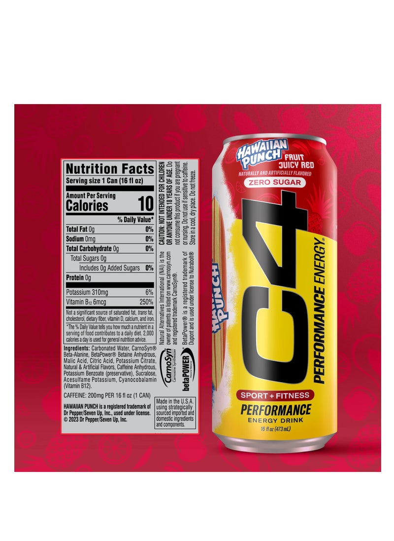 Performance Energy Drink, Hawaiian Fruit Punch Juicy Red Flavor, Zero Sugar