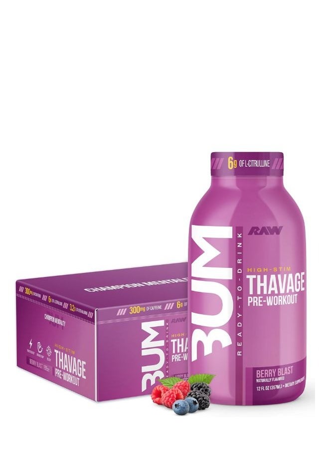 RAW Ready to Drink Pre-Workout Drink, Berry Blast - BUM Thavage RTD Protein Shakes - Meal Replacement Energy Supplement Drinks with Beta Alanine, L-Citrulline & Caffeine - Zero Sugar - 12 packs