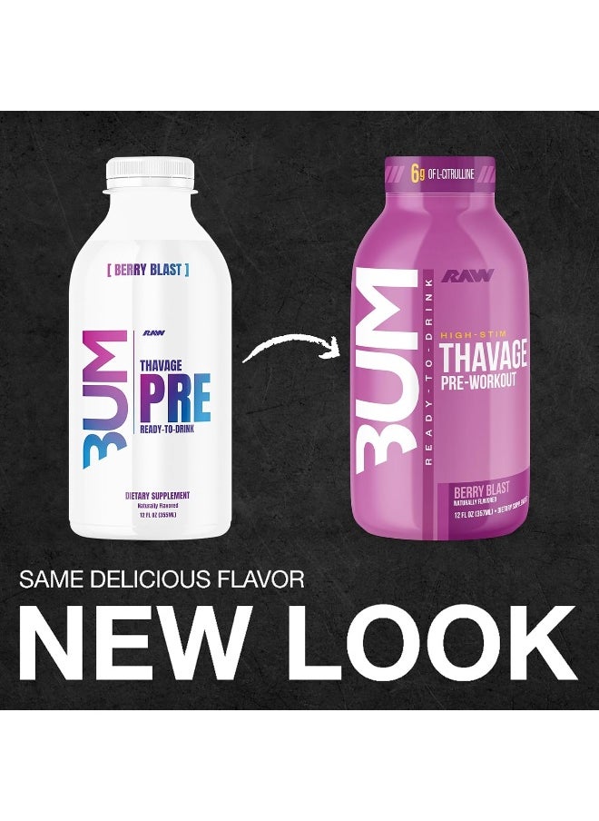 RAW Ready to Drink Pre-Workout Drink, Berry Blast - BUM Thavage RTD Protein Shakes