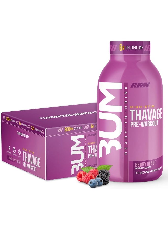 RAW Ready to Drink Pre-Workout Drink, Berry Blast - BUM Thavage RTD Protein Shakes