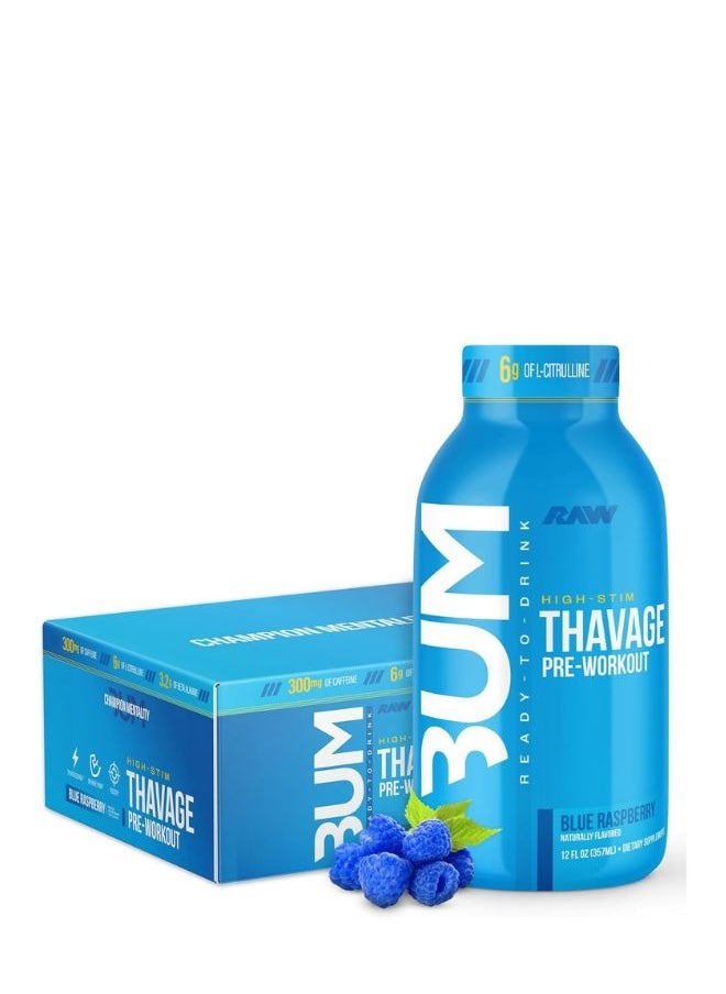 Ready To Drink Pre-Workout Drink, Blue Raspberry - Bum Thavage Rtd Protein Shakes - Meal Replacement Energy Supplement Drinks With Beta Alanine, L-Citrulline And Caffeine - Zero Sugar - 12 Packs