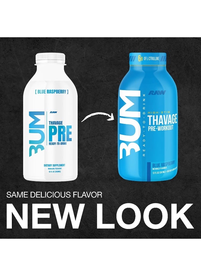 RAW Ready to Drink Pre-Workout Drink, Blue Raspberry - BUM Thavage RTD Protein Shakes