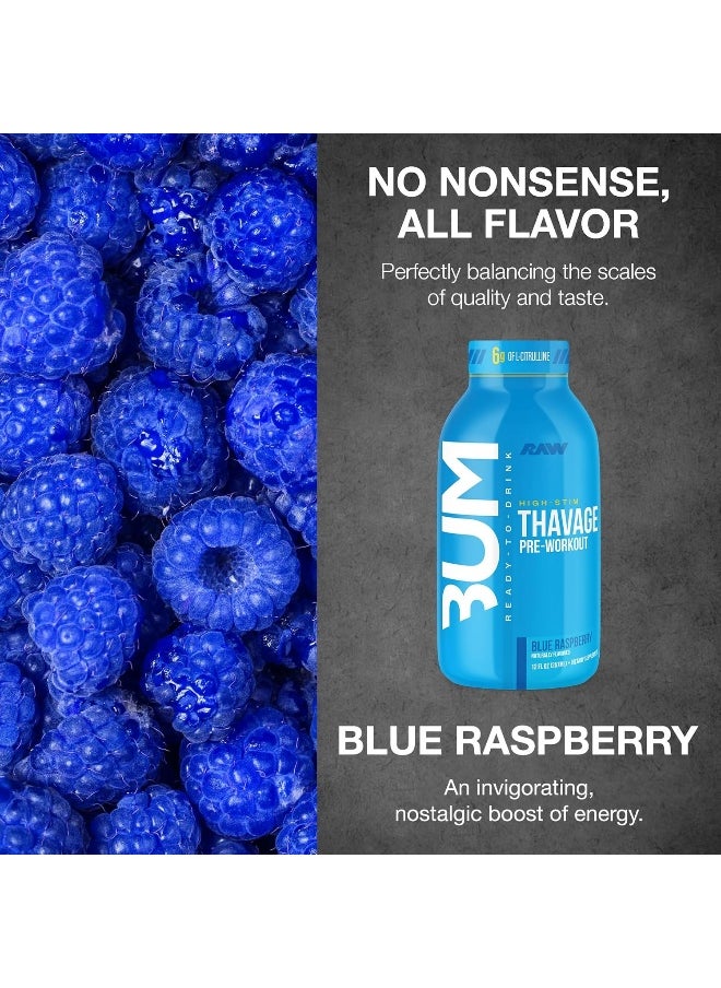 RAW Ready to Drink Pre-Workout Drink, Blue Raspberry - BUM Thavage RTD Protein Shakes