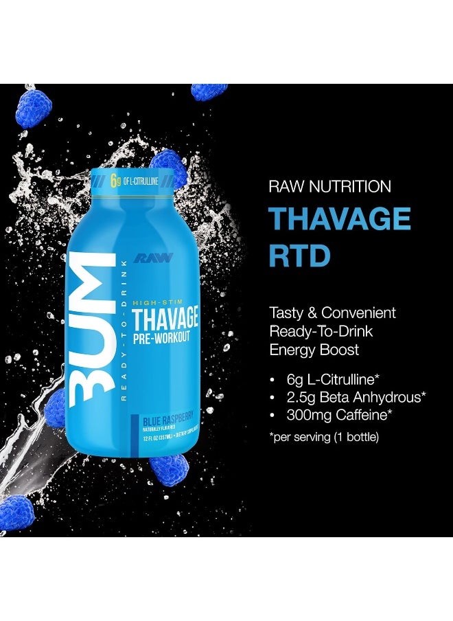 RAW Ready to Drink Pre-Workout Drink, Blue Raspberry - BUM Thavage RTD Protein Shakes