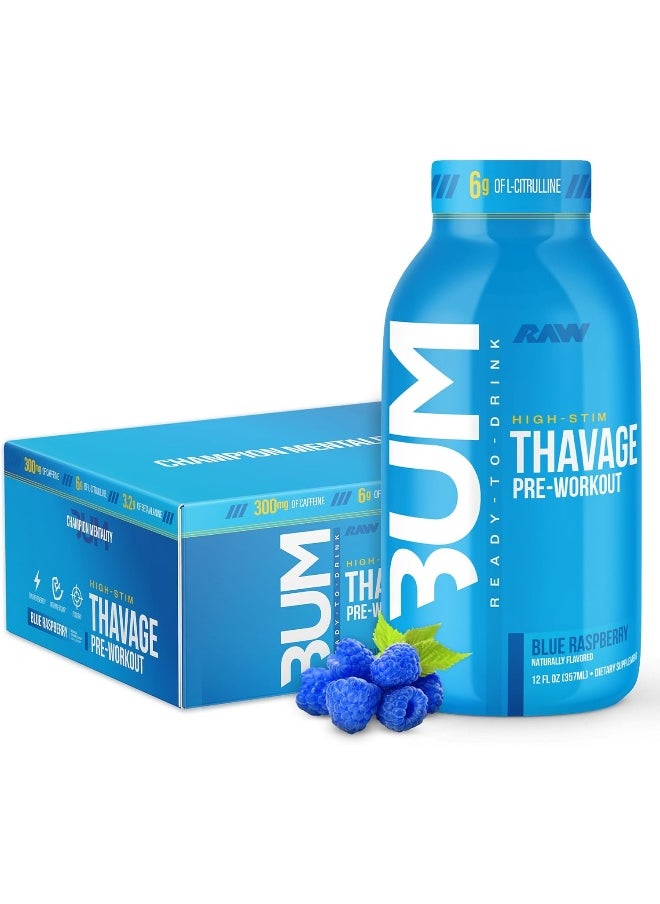 RAW Ready to Drink Pre-Workout Drink, Blue Raspberry - BUM Thavage RTD Protein Shakes
