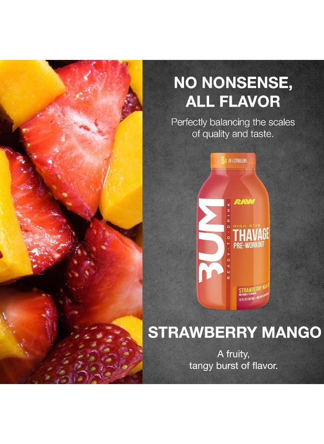 RAW Ready to Drink Pre-Workout Drink, Strawberry Mango - BUM Thavage RTD Protein Shakes