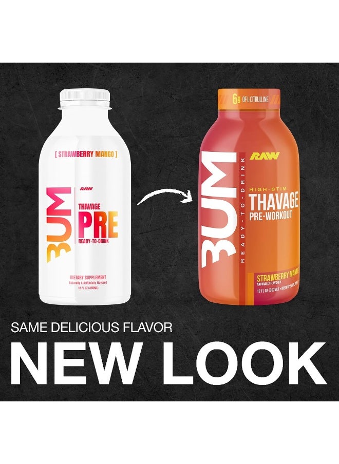 RAW Ready to Drink Pre-Workout Drink, Strawberry Mango - BUM Thavage RTD Protein Shakes