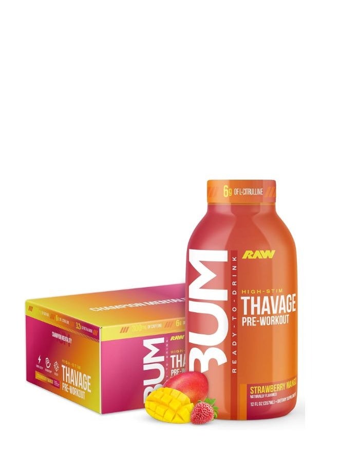 Ready To Drink Pre-Workout Drink, Strawberry Mango - Bum Thavage Rtd Protein Shakes - Meal Replacement Energy Supplement Drinks With Beta Alanine, L-Citrulline And Caffeine - Zero Sugar - 12 Packs