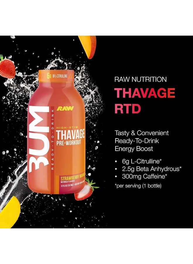 RAW Ready to Drink Pre-Workout Drink, Strawberry Mango - BUM Thavage RTD Protein Shakes