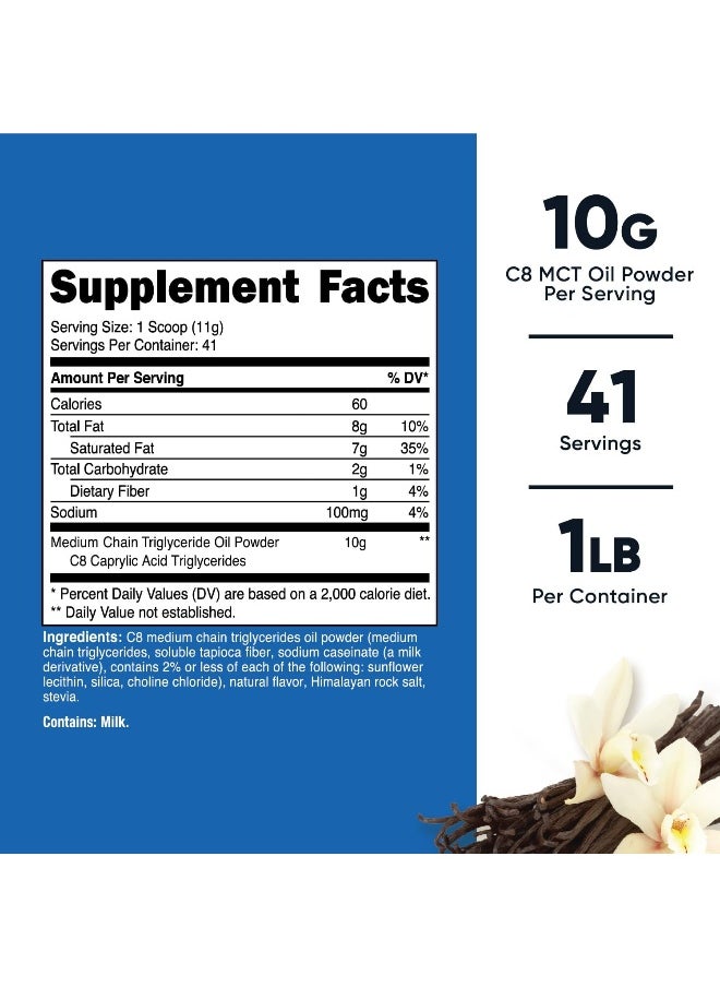 C8 MCT Oil Powder 1LB (16oz) Vanilla Flavor - 95% C8 MCT Oil Powder, Best for Keto Diets, Non-GMO, Gluten Free
