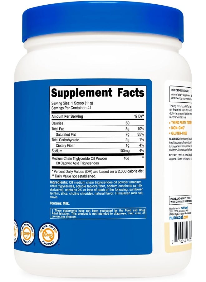 C8 MCT Oil Powder 1LB (16oz) Vanilla Flavor - 95% C8 MCT Oil Powder, Best for Keto Diets, Non-GMO, Gluten Free