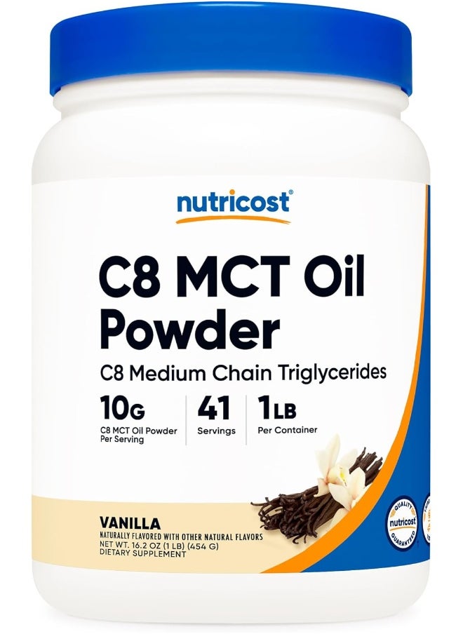 C8 MCT Oil Powder 1LB (16oz) Vanilla Flavor - 95% C8 MCT Oil Powder, Best for Keto Diets, Non-GMO, Gluten Free