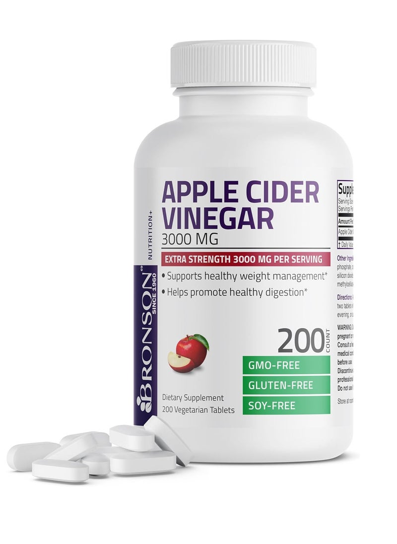 Apple Cider Vinegar 3000 MG per Serving Extra Strength - Non-GMO, 200 Vegetarian Tablets