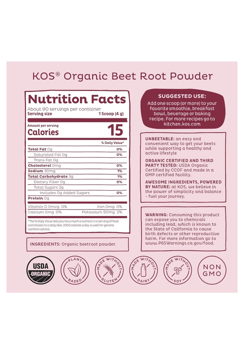 Organic Beet Root Powder - Natural Nitric Oxide Boosting Beet Root Powder - Usda Organic, Stamina Increasing, Circulation Superfood Plant Based Ingredient, 360G, 90 Servings 12.7 Ounce (Pack Of 1)